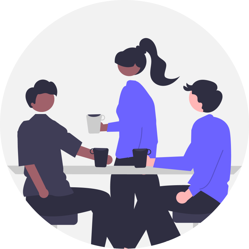 The Five Behaviors™ of a Cohesive Team - Three animated people having coffee and talking