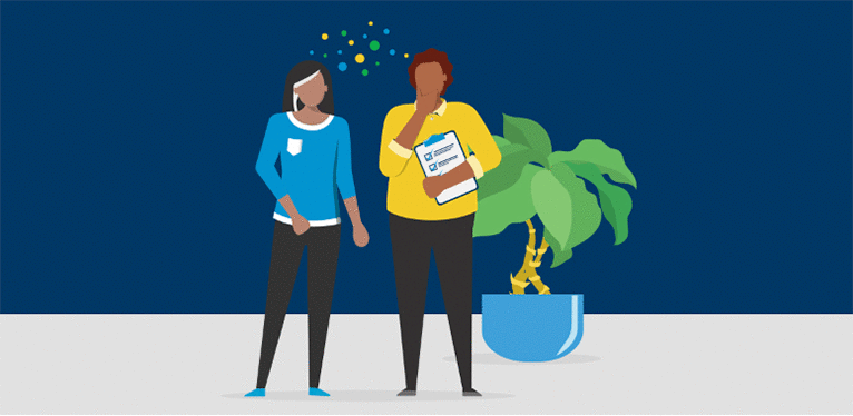 DiSC graphic with two employees and a plant in the background