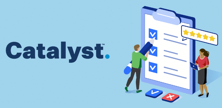 Everything DiSC® Assessments: Catalyst™. Two people next standing to a large checklist, filling it out.
