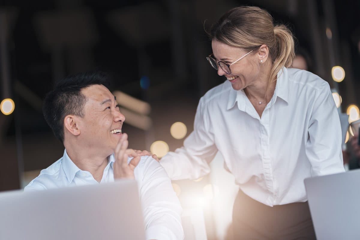 Team works together in office space